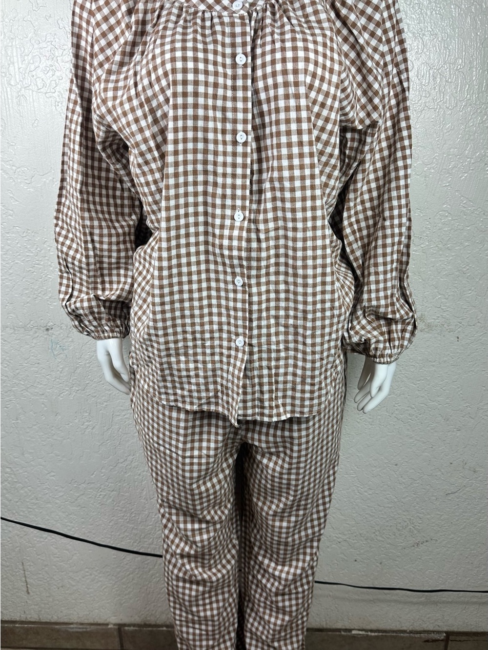 Women’s 2 Piece Gingham Pajama Lounge Set Brown White Checkered 100% Cotton